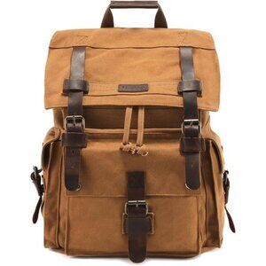 Men’s Leather Canvas Backpack Large Bag Khaki
